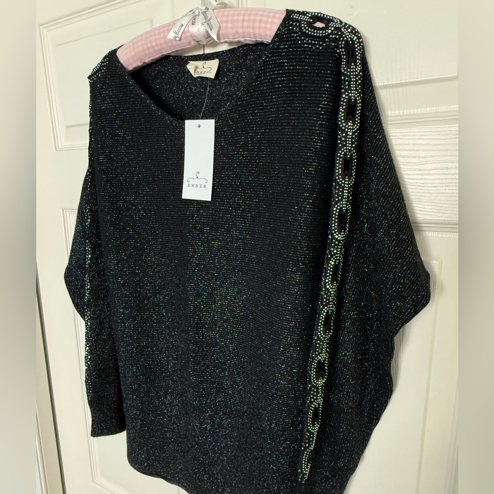 Elegant Metallic Black Sweater with Sparkly Chain Accent on Sleeves-Size L